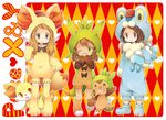  2girls animal_ears argyle argyle_background bangs blonde_hair boots bow brown_eyes brown_hair calme_(pokemon) carrying character_hood chespin chibi closed_mouth copyright_name fennekin froakie gen_6_pokemon green_eyes hat heart hood hoodie long_hair looking_at_viewer multiple_girls nose_bubble one_eye_closed pokemon pokemon_(creature) pokemon_(game) pokemon_xy red_eyes sana_(pokemon) serena_(pokemon) sleeping smile standing swept_bangs tail twintails uppi 