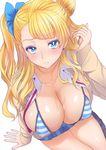  bangs bikini blonde_hair blue_bikini blue_eyes blush breasts bright_pupils cleavage collarbone galko large_breasts long_hair miyamoto_issa one_side_up oshiete!_galko-chan parted_lips plaid plaid_skirt side_bun simple_background skirt solo striped striped_bikini swimsuit white_background 