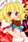  blonde_hair bow commentary_request finger_in_mouth flandre_scarlet hat looking_at_viewer red_eyes side_ponytail sitting smile solo stuffed_animal stuffed_toy teddy_bear touhou wings wrist_cuffs yuzuna99 