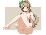  1girl areolae blonde_hair breasts brown_eyes feet female hair_ornament hair_ribbon inverted_nipples legs love_live!_school_idol_project medium_breasts minami_kotori naruse_mai nipples nude pussy ribbon side_ponytail simple_background sitting soles solo toes uncensored yellow_eyes 