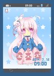  battery blue_background blue_border blush border chibi envelope hata_no_kokoro highres long_hair mask milkpanda phone_screen pink_hair purple_eyes ribbon star touhou 