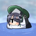  alternate_costume chibi costume eyepatch headgear holding kantai_collection leaf_umbrella looking_at_viewer partially_submerged rain shark solo tenryuu_(kantai_collection) triangle_mouth twumi 