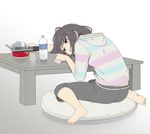  barefoot black_hair bottle capri_pants cellphone chopsticks controller cup_ramen cushion hood hood_down hoodie loungewear mattaku_mousuke original pants phone remote_control smartphone solo striped striped_hoodie table water_bottle 