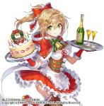  1girl alcohol apron bangs bell blonde_hair boots bottle bow bowtie breasts buttons cake candle candlelight capelet champagne champagne_bottle champagne_flute christmas_cake christmas_dress christmas_wreath commentary_request copyright_name cream cup dress drinking_glass elbow_gloves eyebrows_visible_through_hair fishnet_legwear fishnets food frilled_skirt frills fruit fur_trim gan_(shanimuni) glass_bottle gloves green_eyes hair_bow hair_ornament hairclip highres hood hood_down kanpani_girls knee_boots lips long_hair looking_at_viewer medium_breasts pom_pom_(clothes) ponytail red_dress red_footwear red_gloves shiny shiny_hair short_dress simple_background skirt smile solo star star_hair_ornament strawberry thighhighs tray waist_apron white_background zettai_ryouiki 
