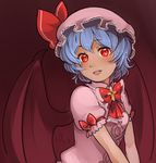  bat_wings blue_hair bow cross dated fang hat highres looking_at_viewer magical_ondine mob_cap puffy_short_sleeves puffy_sleeves red_background red_eyes remilia_scarlet short_sleeves touhou v_arms wings 
