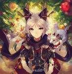  animal animal_ears antlers ayakashi_onmyouroku black_gloves blue_eyes bow christmas christmas_lights christmas_ornaments christmas_tree coat english facial_mark forehead_mark fox fox_ears fox_tail gloves long_sleeves merry_christmas multiple_tails pinecone pipe_fox purple_eyes reindeer_antlers ribbon santa_costume scarf short_hair smile solo tail text_focus tree welchino white_hair 