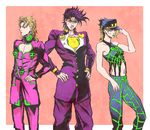  2boys blonde_hair cosplay dio_brando frown gakuran giorno_giovanna giorno_giovanna_(cosplay) green_eyes hat higashikata_jousuke higashikata_jousuke_(cosplay) jojo_no_kimyou_na_bouken joseph_joestar_(young) kuujou_jolyne multiple_boys natsu_yasai purple_hair school_uniform sweat 