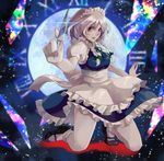  absurdres analog_clock apron bad_id bad_pixiv_id blue_dress braid breasts clock dress hair_ribbon highres holding holding_knife izayoi_sakuya kneeling knife large_breasts lips maid_apron maid_headdress mary_janes miniskirt multicolored multicolored_background outstretched_arm puffy_short_sleeves puffy_sleeves red_eyes ribbon roman_numerals shoes short_hair short_sleeves silver_hair skirt solo touhou tress_ribbon twin_braids ume_ren 