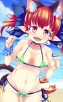  alternate_hairstyle animal_ears bad_id bad_pixiv_id beach bikini blush breasts cat_ears cat_tail extra_ears fangs highres kaenbyou_rin konata_gazel looking_at_viewer medium_breasts multiple_tails ocean open_mouth pointy_ears red_eyes red_hair short_hair side-tie_bikini smile solo swimsuit tail touhou twintails wrist_cuffs 