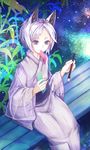  animal_ears ayakashi_onmyouroku bamboo blue_eyes brush fox_ears japanese_clothes kimono mouth_hold obi pipe_fox sash short_hair simone_(1916518) sitting sitting_on_bench solo white_hair 