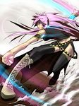  blue_eyes boots double_lariat_(vocaloid) headphones jin_(mugenjin) long_hair megurine_luka midriff motion_blur navel pink_hair smile solo thighhighs vocaloid 