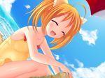  ahoge artist_request bare_shoulders beach blonde_hair child closed_eyes cloud day happy hara_min_saimin_nakadashi_kozukuri_sengen ocean open_mouth outdoors pregnant sand sky smile solo swaneye twintails water 