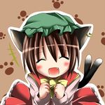  animal_ears blush cat_ears cat_tail chen closed_eyes earrings fang hat jewelry kazura multiple_tails open_mouth ribbon short_hair smile solo tail touhou 