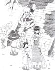  4girls bad_id bad_pixiv_id braid broom child greyscale hair_ribbon hakurei_reimu hat kirisame_marisa monochrome multiple_boys multiple_girls ribbon stairs touhou witch_hat yamaguchi_yuu_(norisu) 