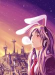  animal_ears bad_id bad_pixiv_id bubble_blowing bunny_ears chewing_gum city headphones highres necktie purple_hair red_eyes red_neckwear reisen_udongein_inaba science_fiction solo touhou zhuxiao517 