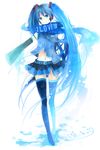  bad_id bad_pixiv_id blue_eyes blue_hair detached_sleeves hair_ornament hatsune_miku long_hair miniskirt miyake_achi navel necktie pleated_skirt scarf simple_background skirt solo standing thighhighs twintails very_long_hair vocaloid zettai_ryouiki 