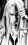  artist_request close-up doujinshi final_fantasy final_fantasy_vii greyscale holding holding_sword holding_weapon katana left-handed long_hair male_focus monochrome sephiroth solo sword weapon 