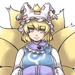  bad_id bad_pixiv_id blonde_hair fox_tail hands_in_opposite_sleeves hat ishikoro long_sleeves multiple_tails pillow_hat short_hair solo tail tassel touhou white_background yakumo_ran yellow_eyes 