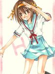  bad_id bad_pixiv_id brown_hair h hairband kazuki_miu kita_high_school_uniform marker_(medium) millipen_(medium) orange_hairband pastel_(medium) school_uniform serafuku short_hair solo suzumiya_haruhi suzumiya_haruhi_no_yuuutsu traditional_media 