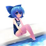  barefoot blue_eyes blue_hair cirno feet hair_ribbon leg_hug one-piece_swimsuit pool poolside ribbon school_swimsuit shin_(new) short_hair sitting soaking_feet solo swimsuit touhou water 