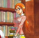  bespectacled bleach book bookshelf breasts glasses inoue_orihime kubo_taito large_breasts library lowres official_art orange_eyes orange_hair ponytail shirt solo striped striped_shirt 