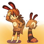  :&lt; :3 animal_ears blush_stickers brown_hair gen_2_pokemon hand_on_hip hitec moemon open_mouth personification pokemon pokemon_(creature) ponytail salute sentret smile 