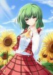  ascot bad_id bad_pixiv_id breasts condensation_trail day field flower flower_field green_hair kazami_yuuka medium_breasts nature pilky plaid plaid_skirt plaid_vest red_eyes short_hair skirt skirt_set smile solo sunflower touhou vest 