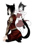  animal_ears black_hair cat_ears cat_tail chen earrings hands_together highres jewelry jumping kneeling mouth_hold multiple_tails older onigunsou own_hands_together red_eyes socks solo tail touhou 