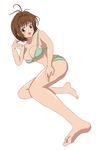  bad_anatomy bad_hands barefoot bikini breasts brown_hair bursting_breasts feet green_eyes highres large_breasts open_mouth short_hair solo swimsuit 