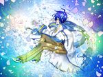  ahoge blue_hair blue_scarf kaito lying male_focus on_side petals scarf skarapa solo vocaloid 