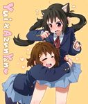  animal_ears black_hair blush brown_eyes brown_hair cat_ears closed_eyes fang hirasawa_yui hug k-on! long_hair multiple_girls nakano_azusa pantyhose school_uniform short_hair takanashi_ringo twintails yuri 