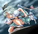  ao_usagi aqua_eyes blood detached_sleeves hairband hat katana konpaku_youmu multiple_girls pink_hair saigyouji_yuyuko sheath sheathed short_hair silver_hair sword torn_clothes touhou weapon 