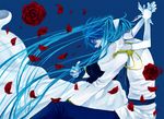  1girl bad_id bad_pixiv_id blue_hair cendrillon_(vocaloid) dagger dress elbow_gloves flower gloves hatsune_miku headband kaito kamu_(camui) long_hair petals rose twintails very_long_hair vocaloid weapon white_dress 