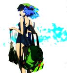  back backpack bag blue_eyes blue_hair egawa_satsuki hair_bobbles hair_ornament hat kawashiro_nitori looking_back one-piece_swimsuit school_swimsuit smile solo swimsuit tan tanline touhou twintails two_side_up 