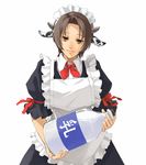  animal_ears apron brown_eyes brown_hair copyright_request cow_ears horns kuroko_(piii) maid milk ribbon short_hair smile solo 