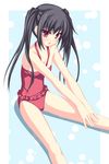  bad_id bad_pixiv_id black_hair blush flat_chest frilled_swimsuit frills highres k-on! long_hair nakano_azusa one-piece_swimsuit open_mouth red_eyes sitting solo swimsuit tenmaso twintails 