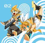  1girl blonde_hair blue_eyes brother_and_sister hair_ornament hair_ribbon hairclip headphones headset jumping kagamine_len kagamine_rin mori_(unknown.) necktie open_mouth ribbon short_hair shorts siblings smile twins vocaloid yellow_neckwear 