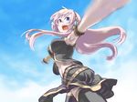  blue_eyes day double_lariat_(vocaloid) headphones long_hair megurine_luka midriff motion_blur nazunan open_mouth pink_hair sky smile solo thighhighs vocaloid 