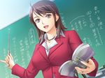  book breasts brown_hair chalkboard classroom formal game_cg hair_ornament hairclip indoors jewelry large_breasts lipstick makeup mesu_nie_onna_kyoushi misaki_mizuki necklace open_mouth pinky_out pointer purple_eyes ring saburoo short_hair solo suit teacher wedding_band 