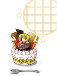  blonde_hair cake candle chibi food fork happy_birthday hidamari_sketch in_food minigirl miyako pastry satakeyura solo wide_face |_| 