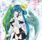  asymmetrical_wings bad_id bad_pixiv_id blue_hair bow breasts dizzy guilty_gear hair_bow large_breasts long_hair midriff navel red_eyes solo tail thighhighs unabara_misumi underboob wings 