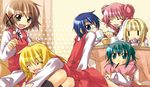  blonde_hair blue_eyes blue_hair blush brown_eyes brown_hair closed_eyes food glasses green_eyes green_hair hidamari_sketch hiro mimikaki miyako multiple_girls nazuna nori pink_hair pocky sae satakeyura school_uniform short_hair yuno |_| 