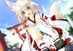  animal_ears bad_id bad_pixiv_id blonde_hair blue_eyes detached_sleeves dutch_angle fox_ears hair_ornament japanese_clothes miko open_mouth original sandals shirokitsune solo squatting tail thighhighs torii 