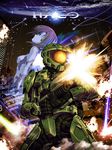  armor assault_rifle assault_visor bullpup cortana earth explosion firing green_eyes gun halo_(game) helmet katsuki_yousuke looking_back ma5 master_chief muzzle_flash power_armor power_suit purple_hair purple_skin rifle weapon 