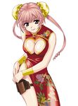  absurdres artist_request breasts bun_cover china_dress chinese_clothes cleavage copyright_request double_bun dress highres large_breasts pink_eyes pink_hair side_slit solo thigh_strap twintails 
