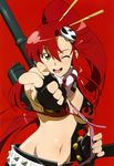  absurdres anti-materiel_rifle artist_request bikini_top fingerless_gloves gloves gun hair_ornament highres long_hair one_eye_closed open_mouth ponytail red_hair rifle scan scarf sidelocks smile sniper_rifle solo tengen_toppa_gurren_lagann weapon yellow_eyes yoko_littner 