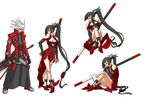  1girl artist_request black_hair black_hakama black_pants blazblue chinese_clothes cleavage_cutout concept_art hakama japanese_clothes lao_jiu litchi_faye_ling long_hair official_art panda pants ragna_the_bloodedge silver_hair spiked_hair squatting staff very_long_hair 