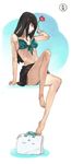  bag barefoot bikini_top black_hair feet flower front-tie_top long_hair original sitting skirt solo toro_(konirio) 