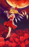  bat blonde_hair fatherland2009 flandre_scarlet flower hat highres moon one_side_up ponytail red_eyes red_moon short_hair solo touhou tulip wings 