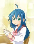  ahoge blue_hair book green_eyes izumi_konata long_hair lucky_star mole mole_under_eye pink_neckwear reading ryouou_school_uniform school_uniform serafuku solo takanashi_ringo 